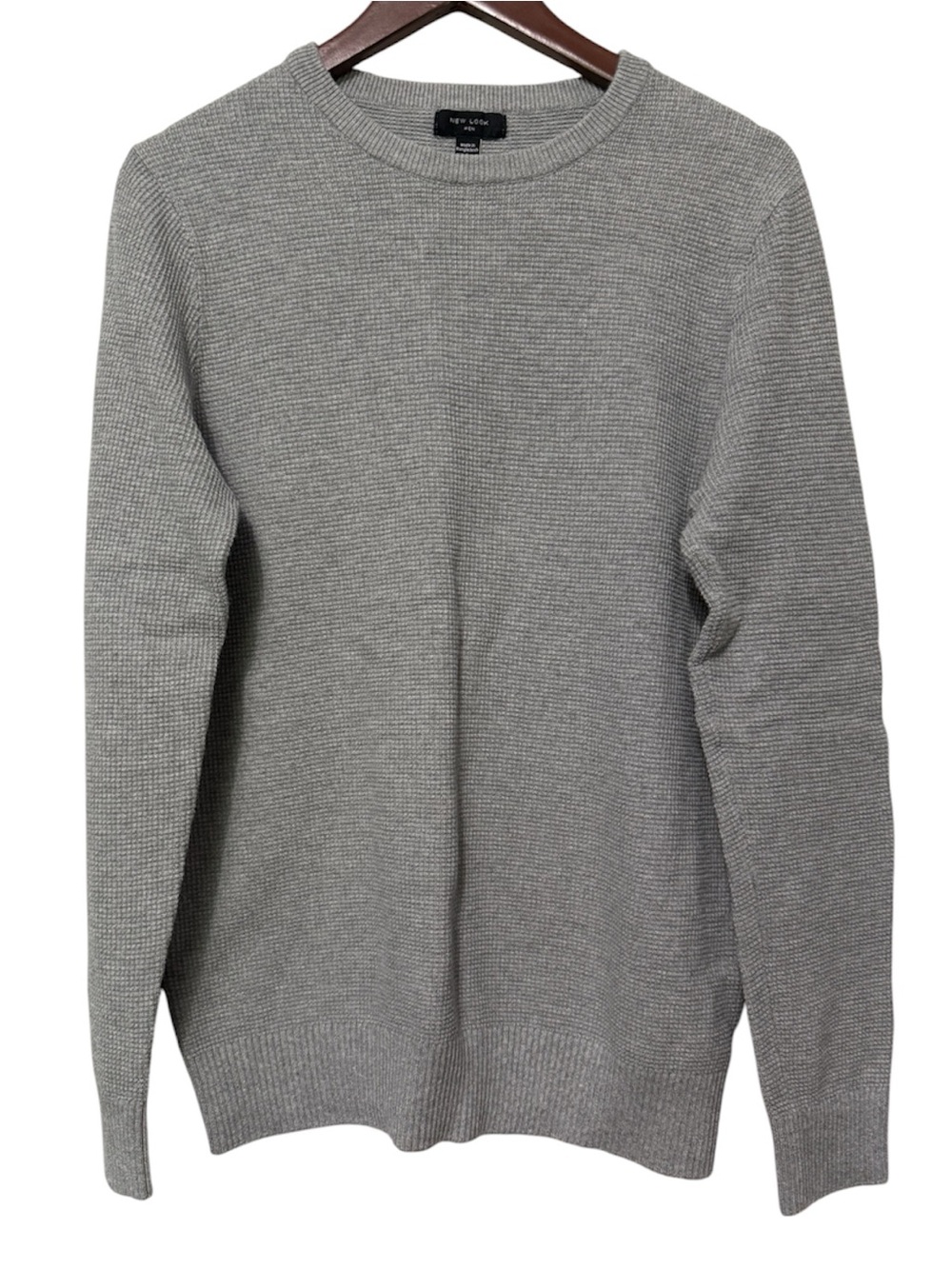 New Look Thermal Waffle Knit Gray Cotton Crewneck Pullover Sweater Men's Large